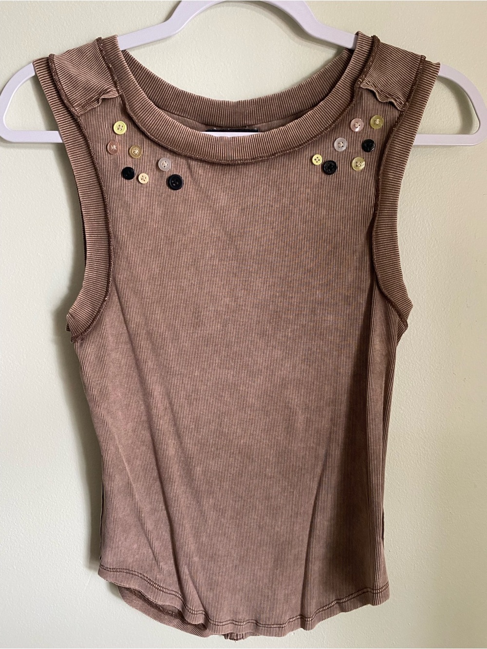 Miou Muse Brown Ribbed Sleeveless Tank with Decorative Buttons